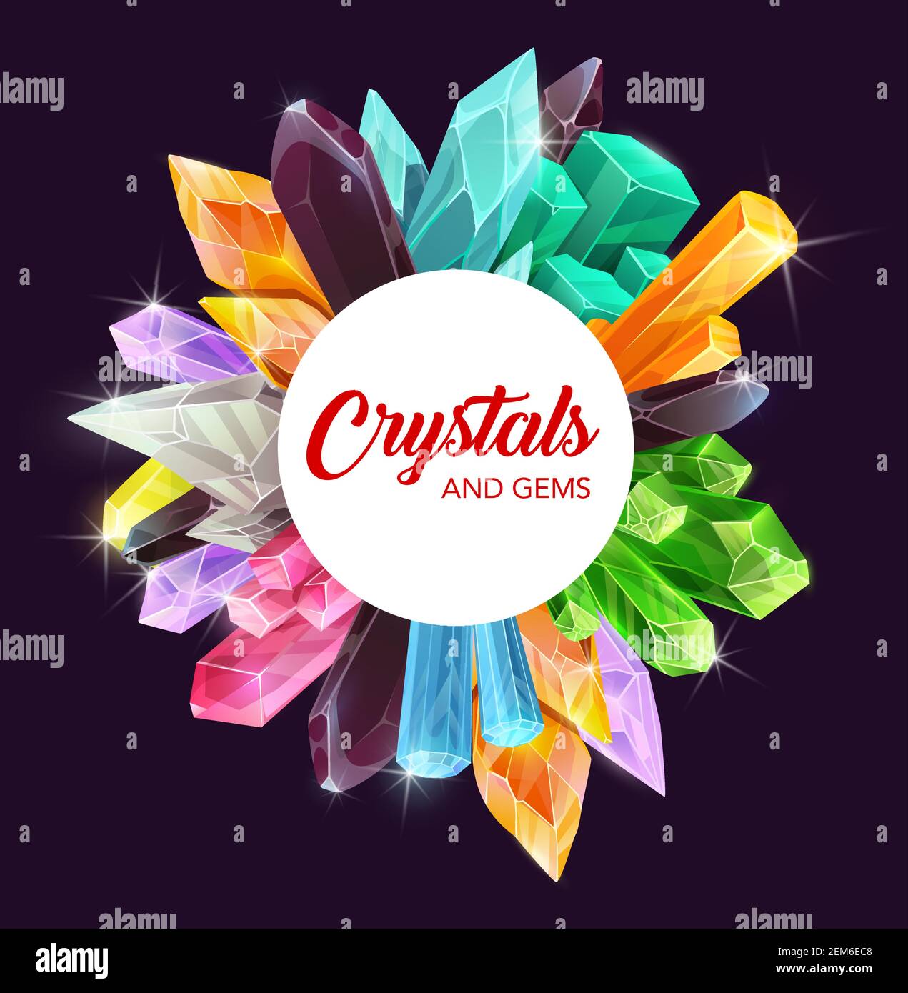 Crystals, gem stones and mineral rocks with precious gemstones of diamond, amethyst and sapphire vector design. Pink, green and blue quartz, opal, gla Stock Vector
