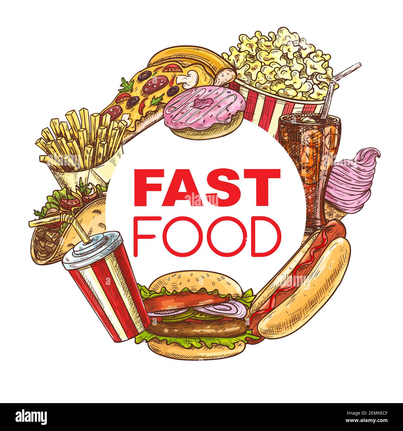 Fast food meals and snacks menu frame burgers, sandwiches, desserts and ...
