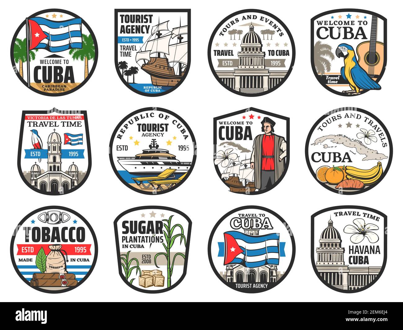 Cuba travel, Havana landmarks and city tours vector icons. Welcome to Cuba, history and culture tourism, sugar plantations and tobacco cigars, sea cru Stock Vector