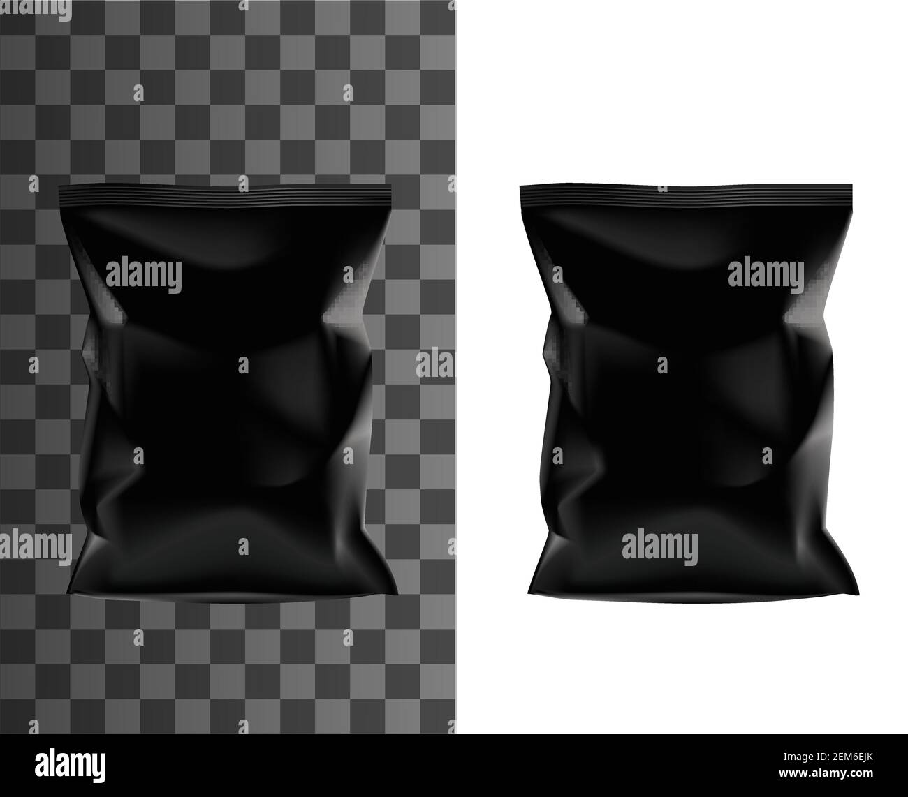 Black flow pack vector mockup or realistic food package. Blank foil or