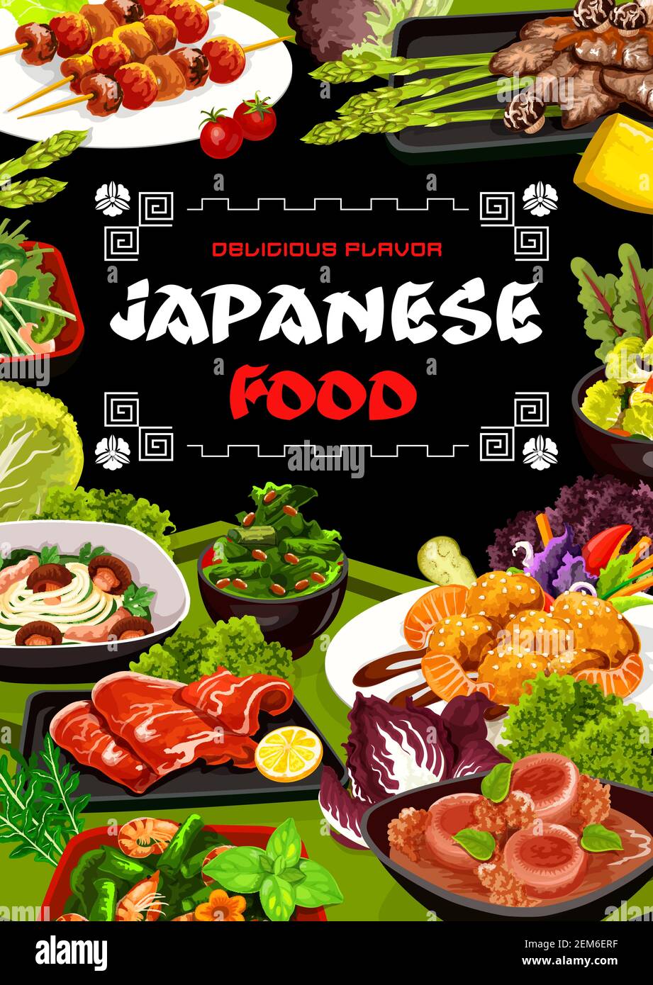 Japanese cuisine asian restaurant menu vector cover. Seafood shrimps