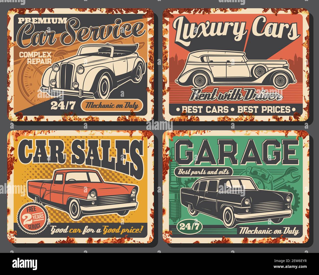 Garage Station Maintenance Rent And Vintage Car Sale Metal Rusty Vector Plates Vintage Cabriolet Or Sedan Antique Limousine And Classic Vehicle Re Stock Vector Image Art Alamy