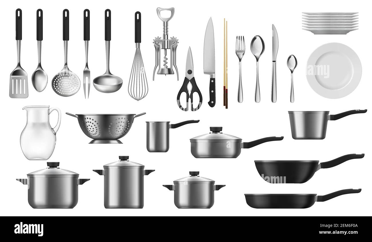 Pots and pans. Set of cooking kitchen utensils and cookware. 3d  illustration Stock Photo - Alamy