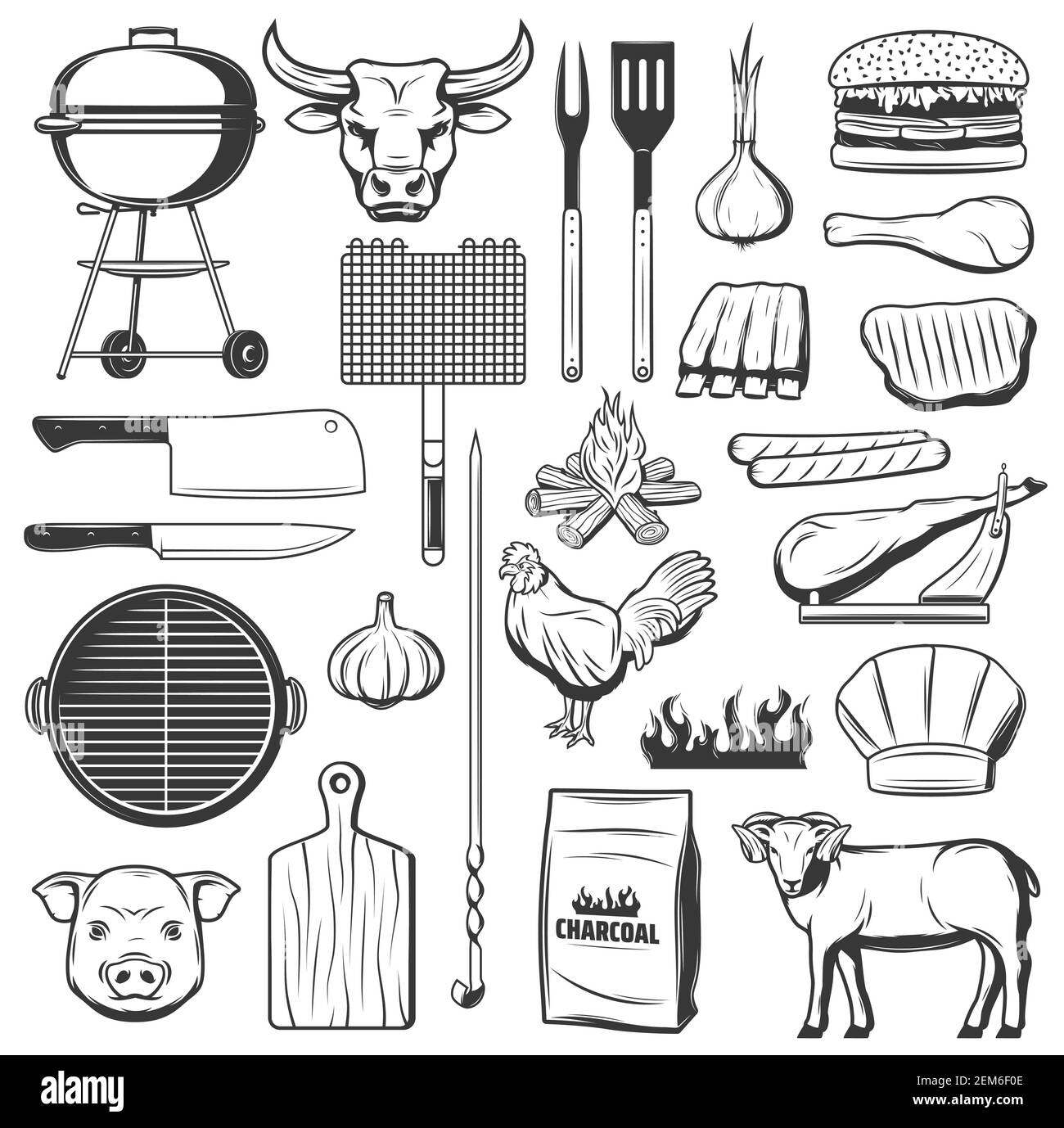 BBQ grill, barbecue party, meat, hamburgers and sausages vector icons. Picnic BBQ beef burger and chicken legs, charcoal fire and garlic spice, mutton Stock Vector