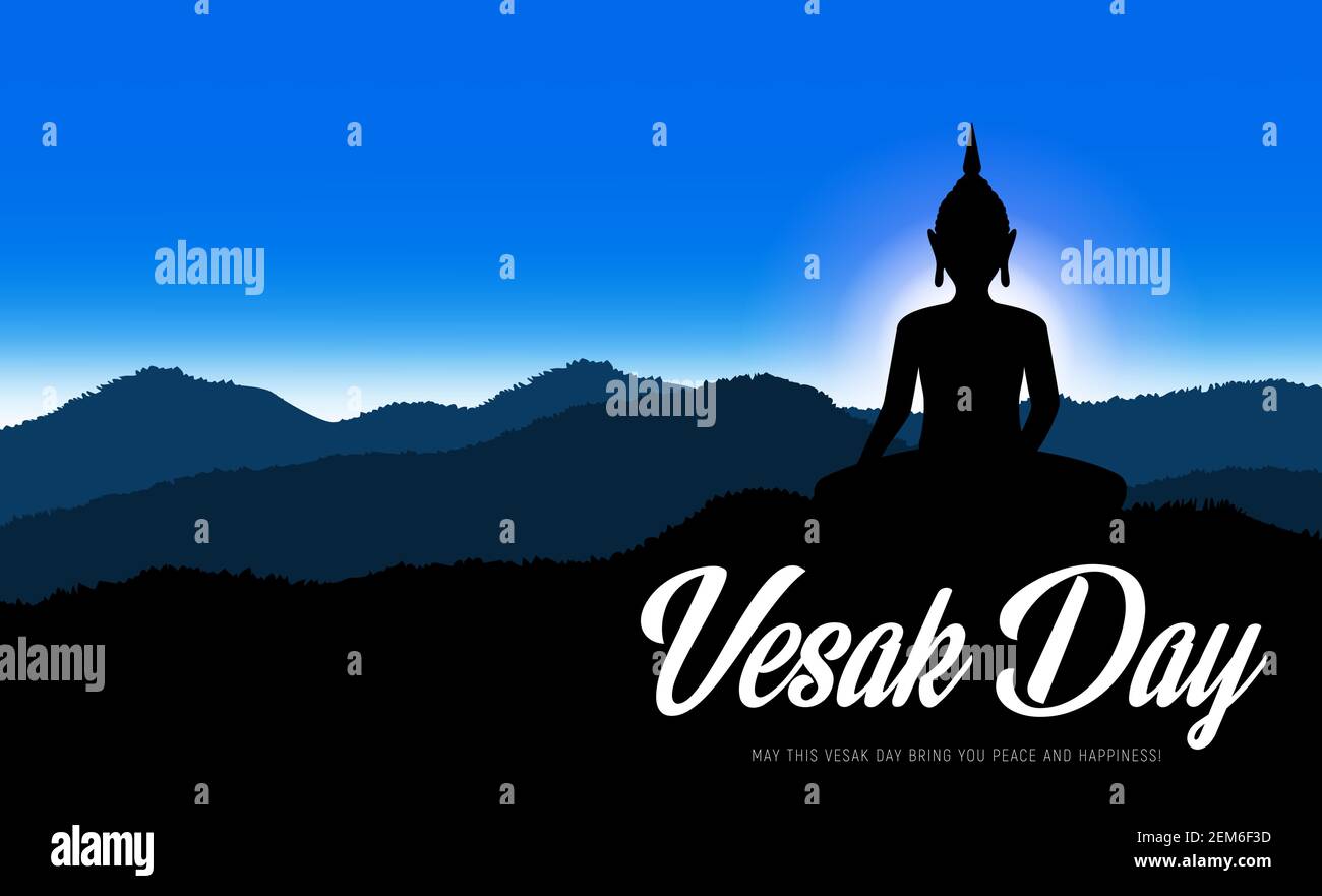 Vesak Day religious holiday. Buddha silhouette in lotus pose on sunrise landscape. Buddhism religion, culture and tradition. Vesak Day Birthday, medit Stock Vector