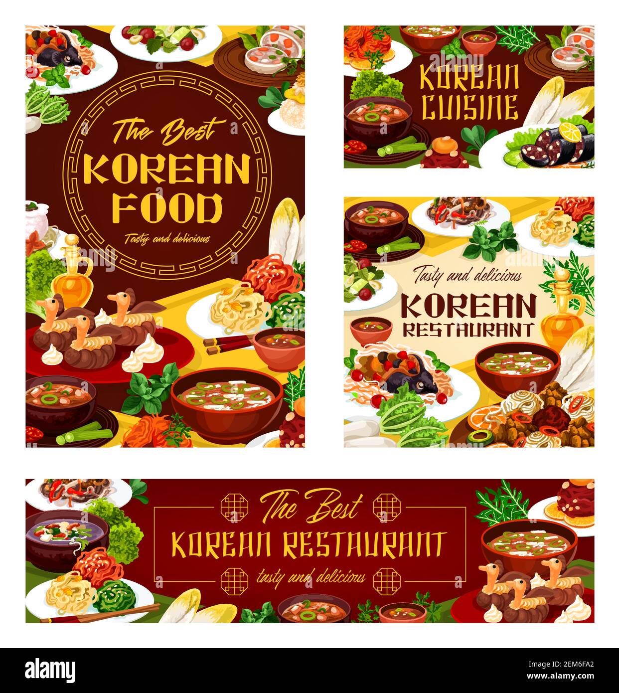 Korean food, advertisement of restaurant, menu cover template. Vector traditional national food of Korea cuisine. Hee from beef, starch noodles and dr Stock Vector