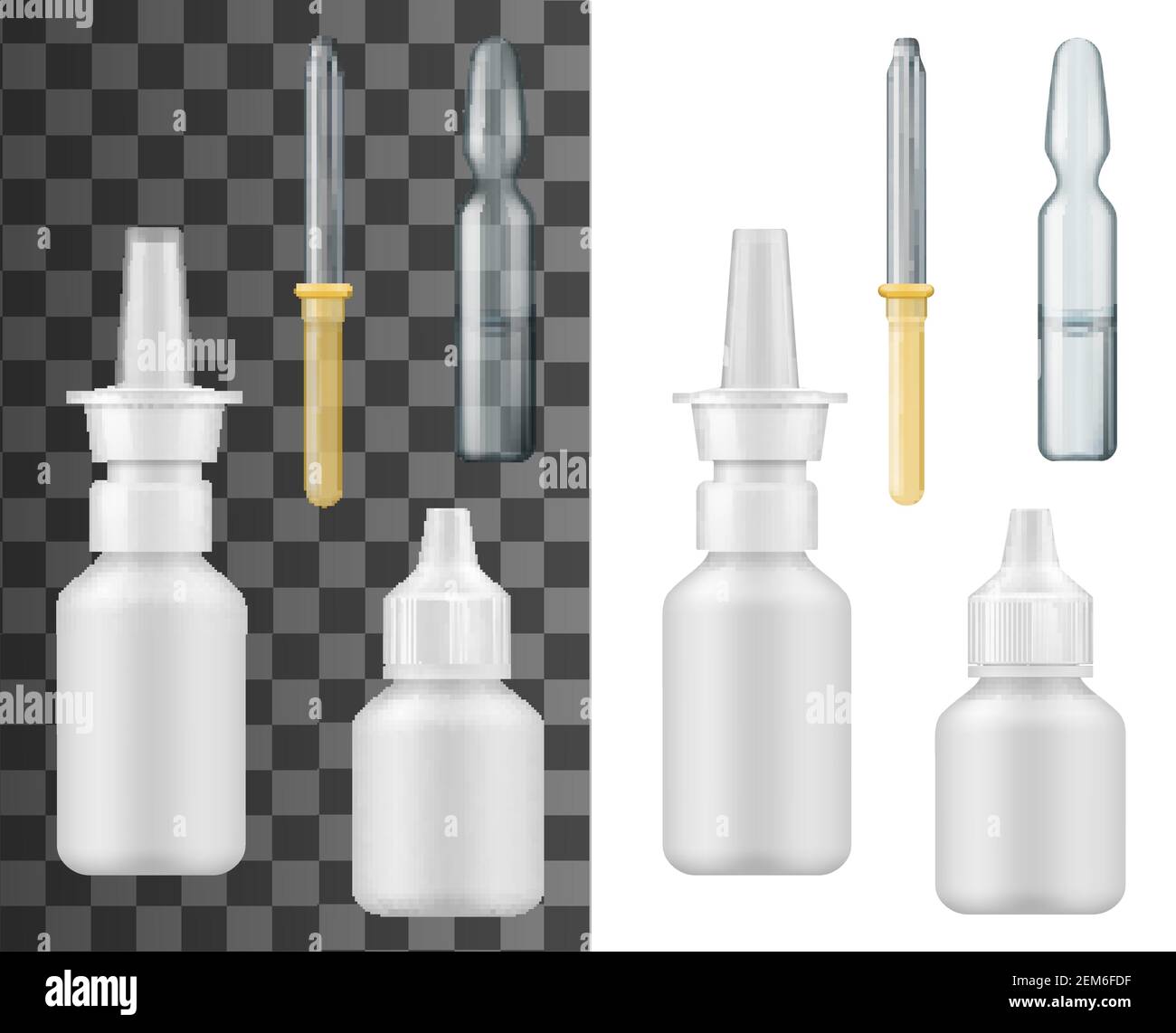 Medicine drop bottles, dropper and ampule realistic mockups. Vector containers of white plastic and glass for eye drops and nose or nasal spray, pipet Stock Vector