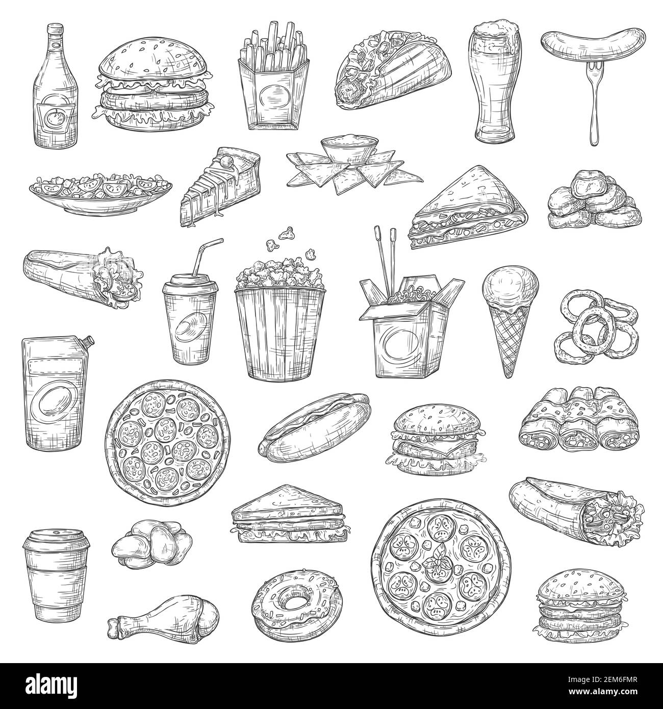 Fast food burgers, drinks and desserts vector sketch icons. Pizza and hamburger sandwich, chicken wings, nuggets and hot dog, burrito and tacos, frenc Stock Vector