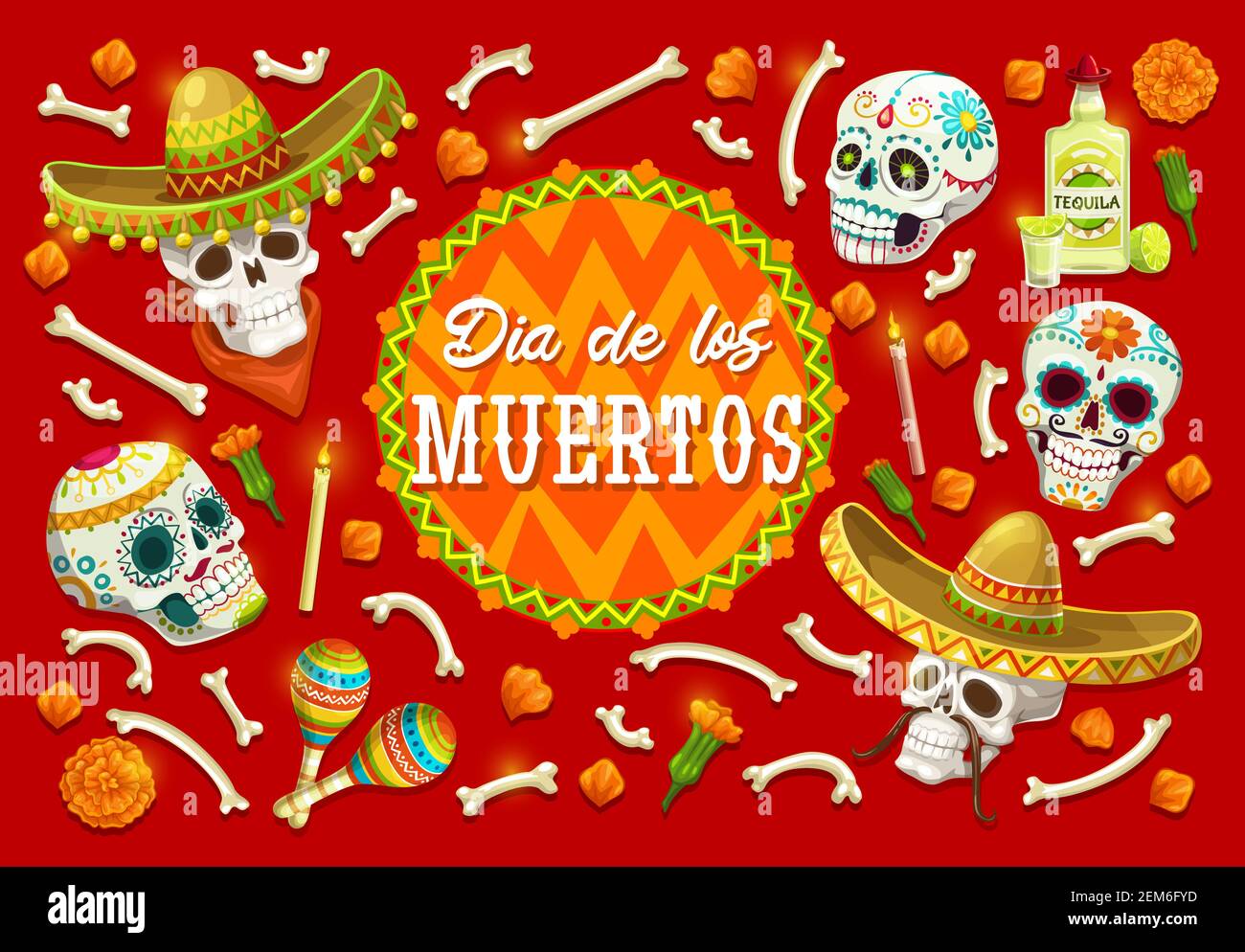 Day of the Dead sugar skulls vector design of Mexican Dia de los ...