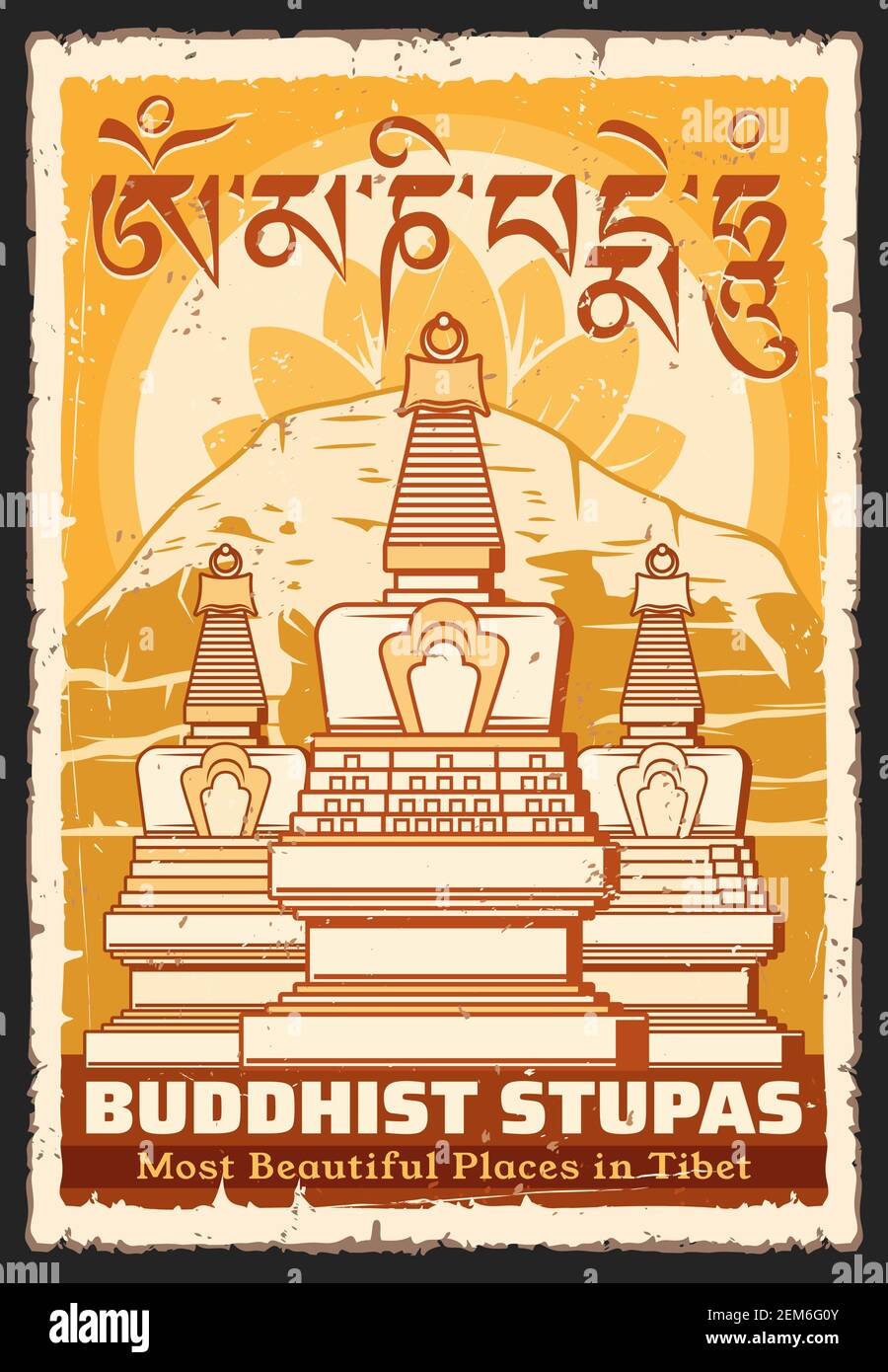Tibetan Buddhism, vector vintage retro poster, Tibetan Buddhist landmarks and religious shrines. Tiber Buddha temple stupas of Potala Palace of and Mo Stock Vector