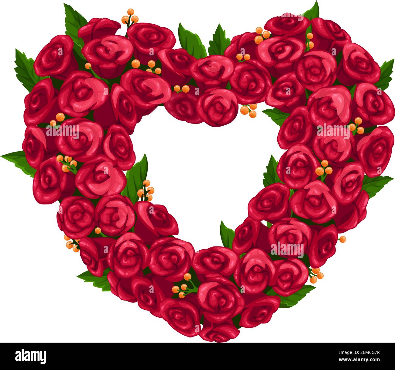 Heart shape wreath isolated rose buds and leaves. Vector frame of ...
