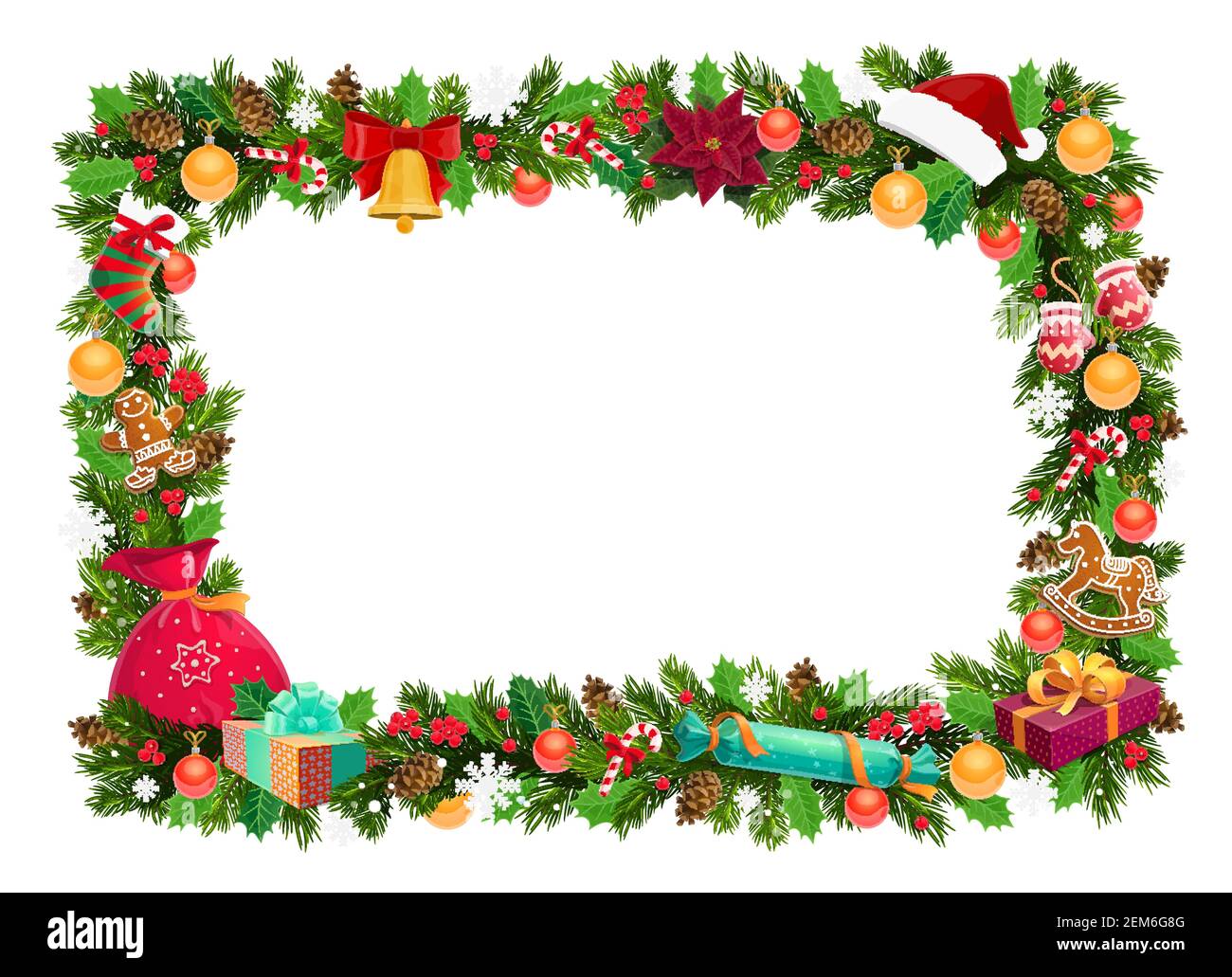 christmas-holiday-card-frame-and-blank-space-vector-gingerbread-cookies-and-socks-gift-box-and-cones-holly-plant-and-cane-candy-jingle-bell-and-pr-stock-vector-image-art-alamy