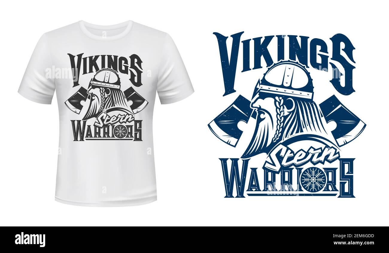 Scandinavian Vikings, vector T-shirt grunge print template mockup. Scandinavia and Nordic stern ...
