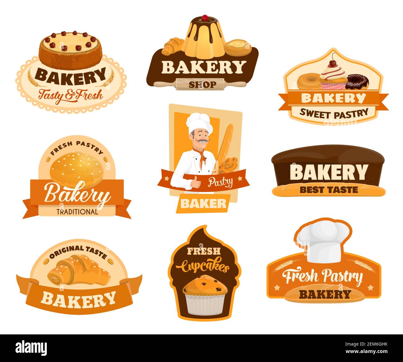 Baker, pastry and bread isolated icons of bakery vector design. Bread ...