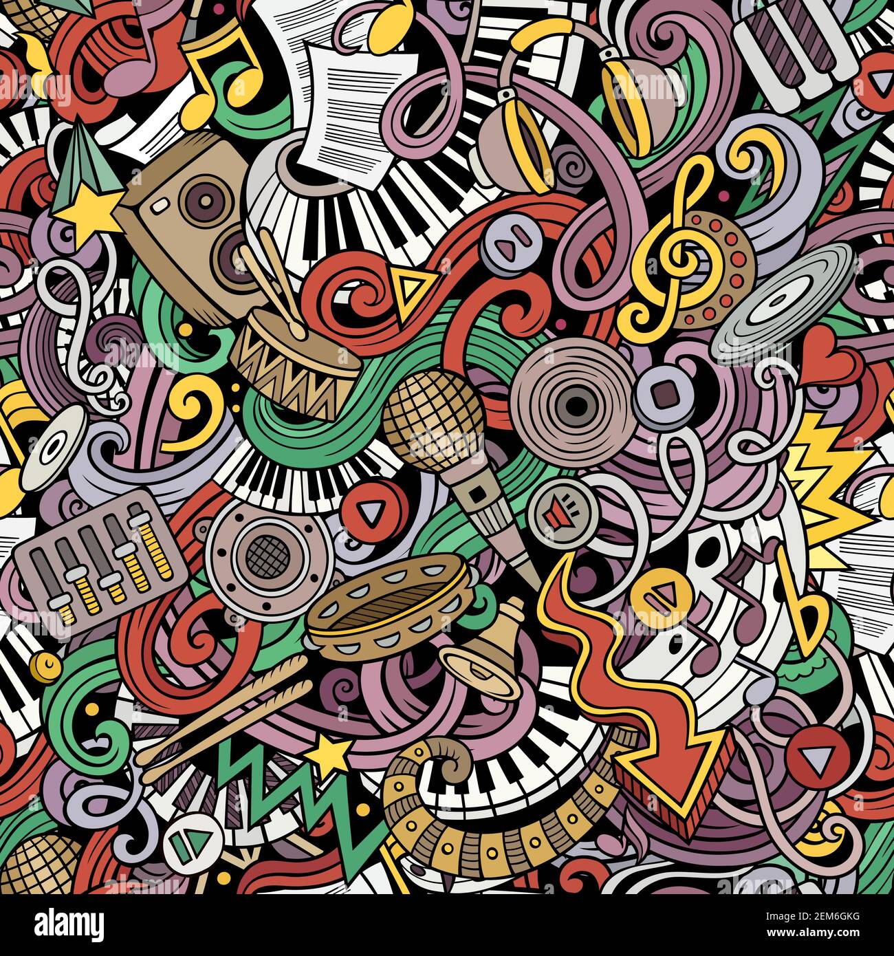 Music hand drawn doodles seamless pattern. Musical instruments