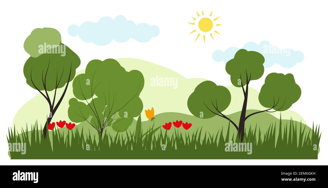 Vector illustration in trendy flat simple style. forest sunny summer landscape with flowers. Stock Vector