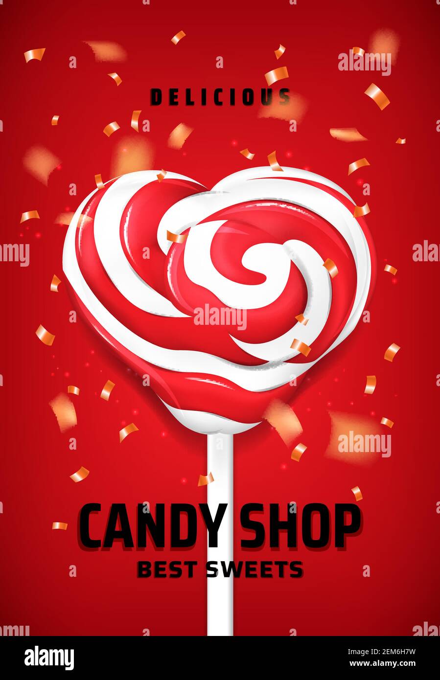 Lollipop candy in shape of heart, sweet food vector design of sweets shop. Swirl lollypop with red and white hard sugar candy spirals on plastic stick Stock Vector