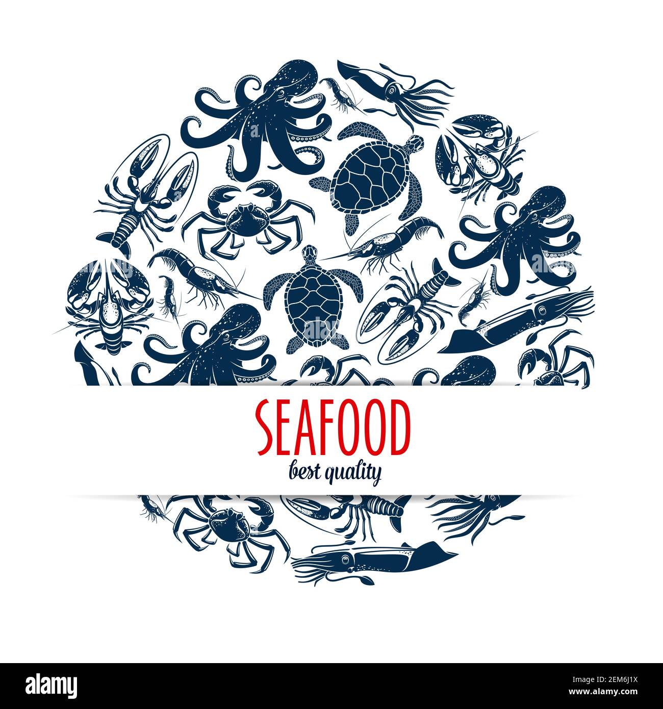 Seafood round symbol with vector sea animals and shellfish. Crab ...