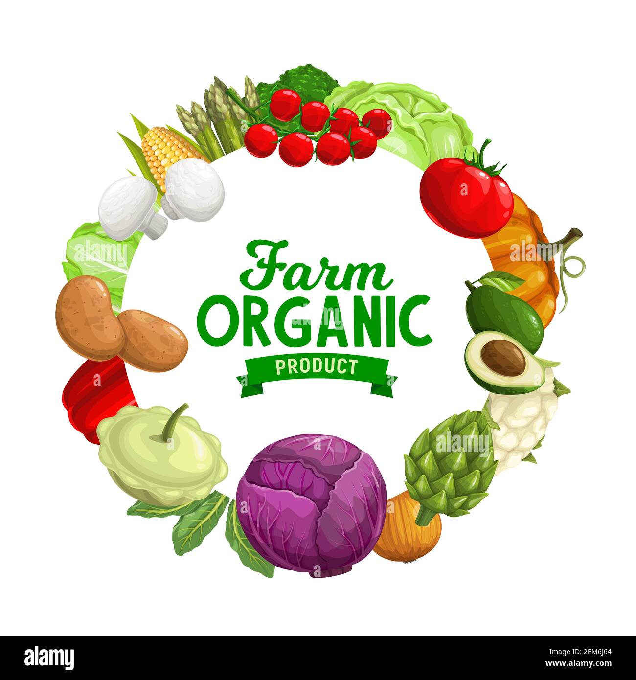 Farm vegetables vector icon with tomatoes, pepper and onion, broccoli, potatoes, red and green cabbages, asparagus, pumpkin and mushrooms, corn, cauli Stock Vector