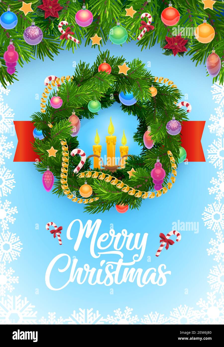 Christmas wreath vector greeting card in frame of Xmas tree and ...