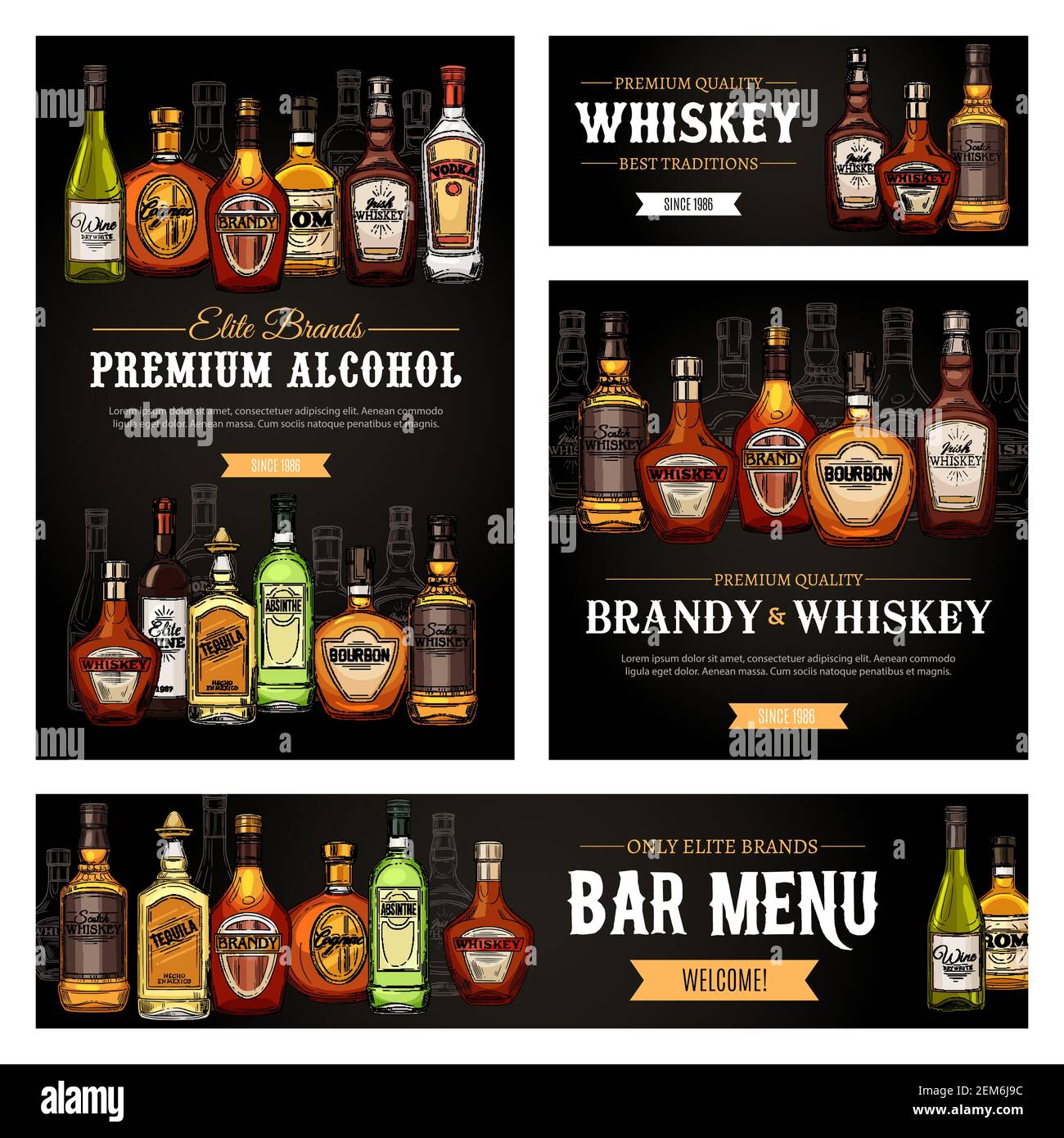 Bar menu vector banners and posters, premium quality brand alcohol
