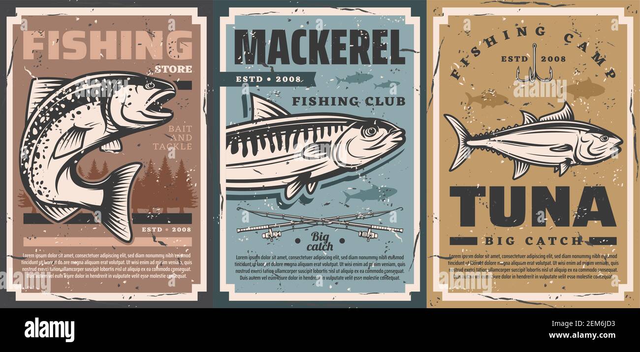 Fishing camp club and fisher equipment store vector vintage retro posters.  Fishing rods and lures hooks for river pike, ocean tuna and sea mackerel bi  Stock Vector Image & Art - Alamy