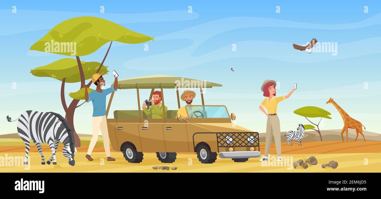 People in safari tour, savanna wild landscape vector illustration. Cartoon group of tourist characters make travel photo of wildlife on smartphone or camera, travelers drive car vehicle background Stock Vector