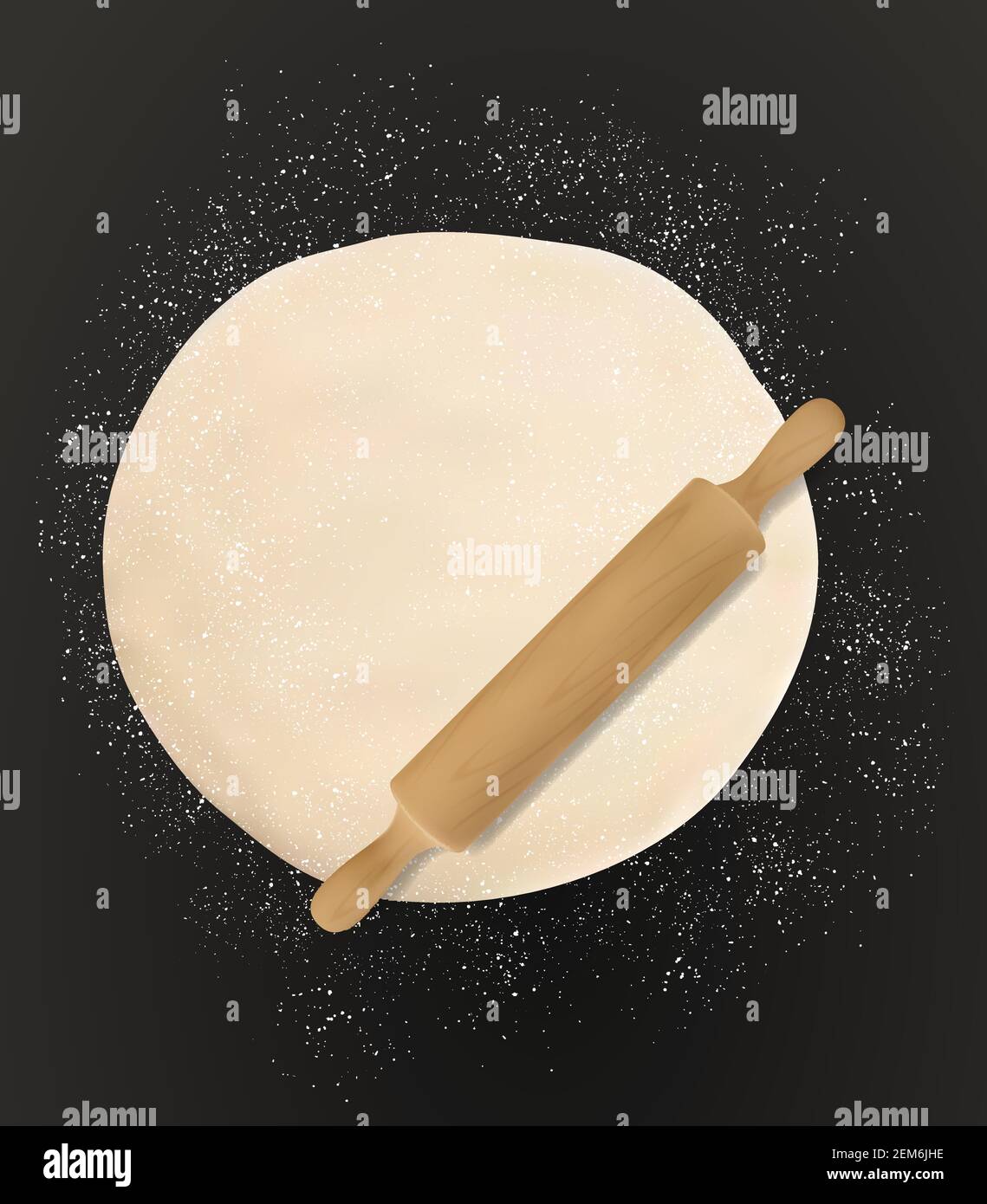 Dough, rolling pin and flour realistic vector food. Wheat bread, pizza