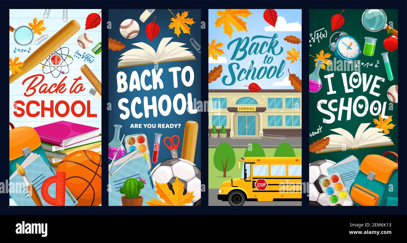 Back to school, student books and chalkboard vector banners. Back to ...