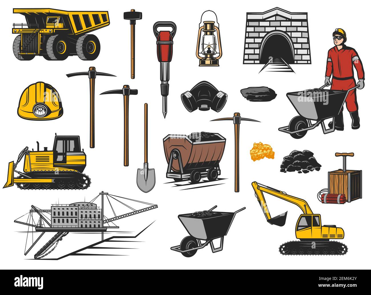 Ore and coal mining industry equipment vector icons. Coal mine 