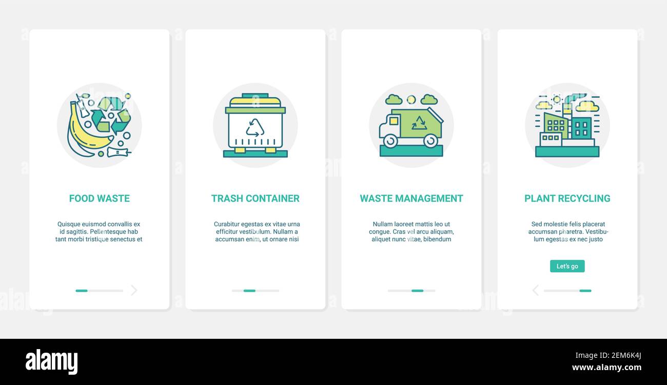 Environmental protection, recycling plant industry technology vector illustration. UX, UI onboarding mobile app page screen set with industrial waste collection, sorting in garbage trash containers Stock Vector
