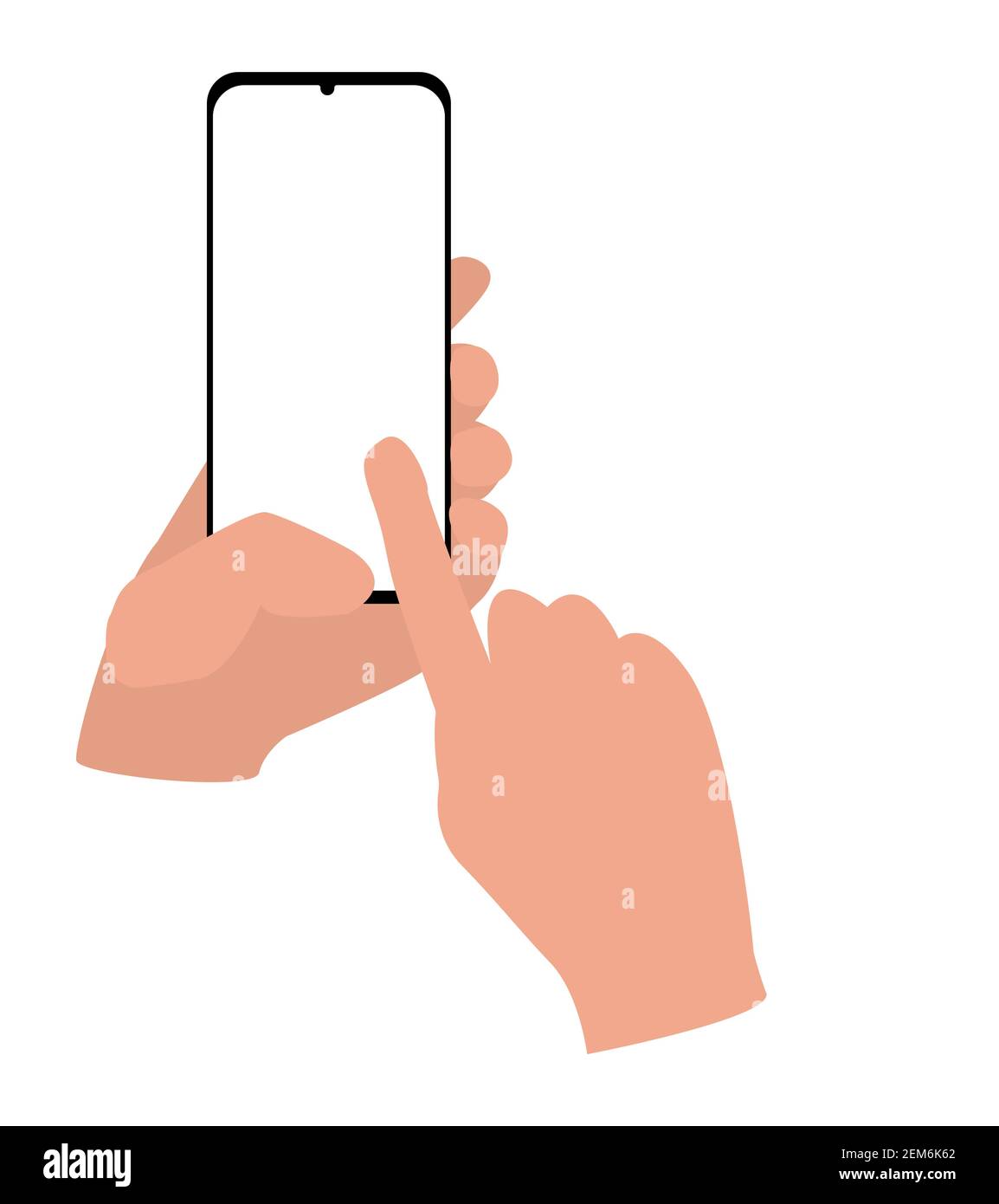 hand holds smartphone, finger presses on white blank screen mock up. isolated vector illustration Stock Vector