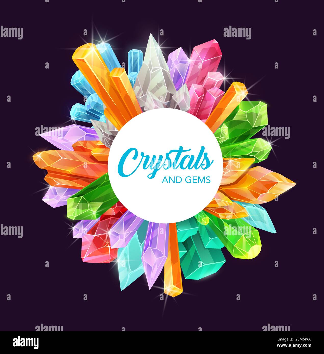Crystals and gems vector frame of precious gemstones and mineral rocks, magic stones and jewels design. Pink quartz, blue sapphire and amethyst, diamo Stock Vector
