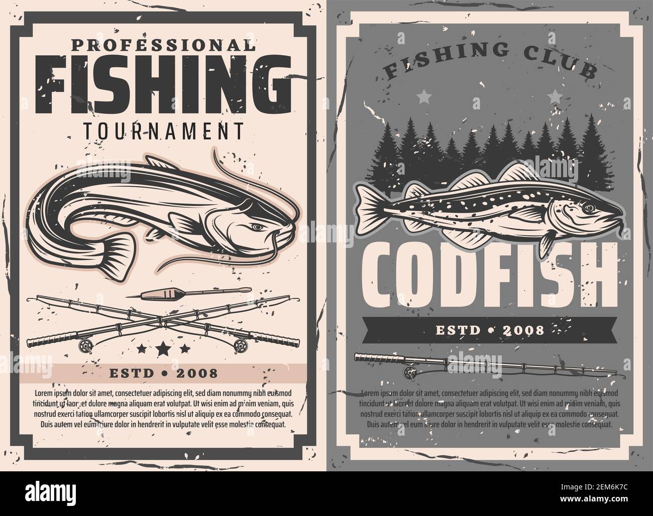 Fishing rods, catfish and cod fish vector design of fisherman
