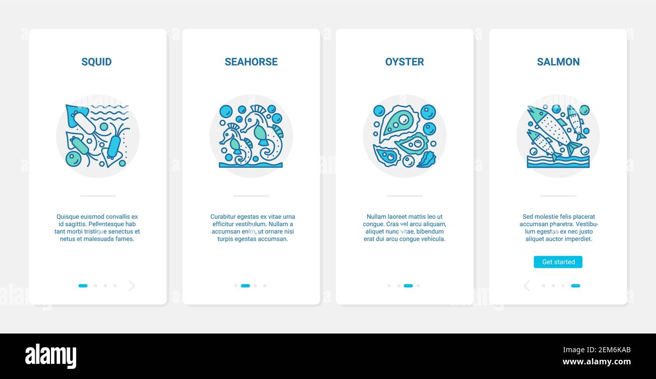 Sea ocean fish shellfish vector illustration. UX, UI onboarding mobile app page screen set with line underwater sealife symbols, squid oyster seahorse salmon in sea water, marine animals collection Stock Vector