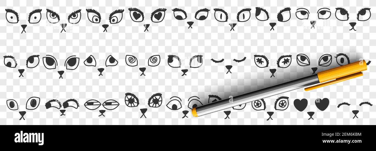 Cats eyes and noses doodle set. Collection of hand drawn cute funny eyes nose mouth faces of ...