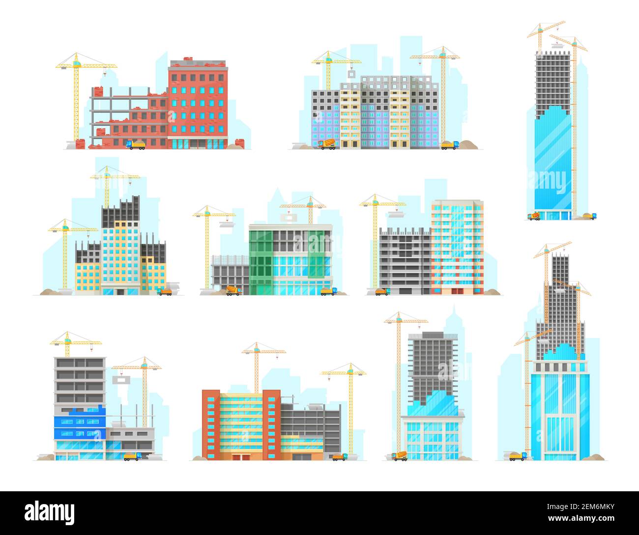 Skyscrapers building construction isolated cartoon vector icons set. Working cranes put stone blocks on buildings facade, concrete mixer and lorry wit Stock Vector