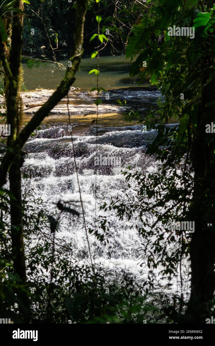 Paraibuna river agitated water current flowing over rock formations saw thru Serra do Mar (Sea Ridge) dense forest vegetation in early morning. Stock Photo