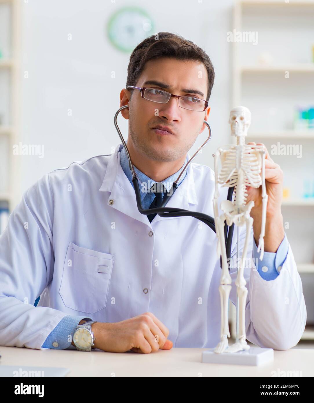 The doctor student studying the bones of skeleton Stock Photo Alamy