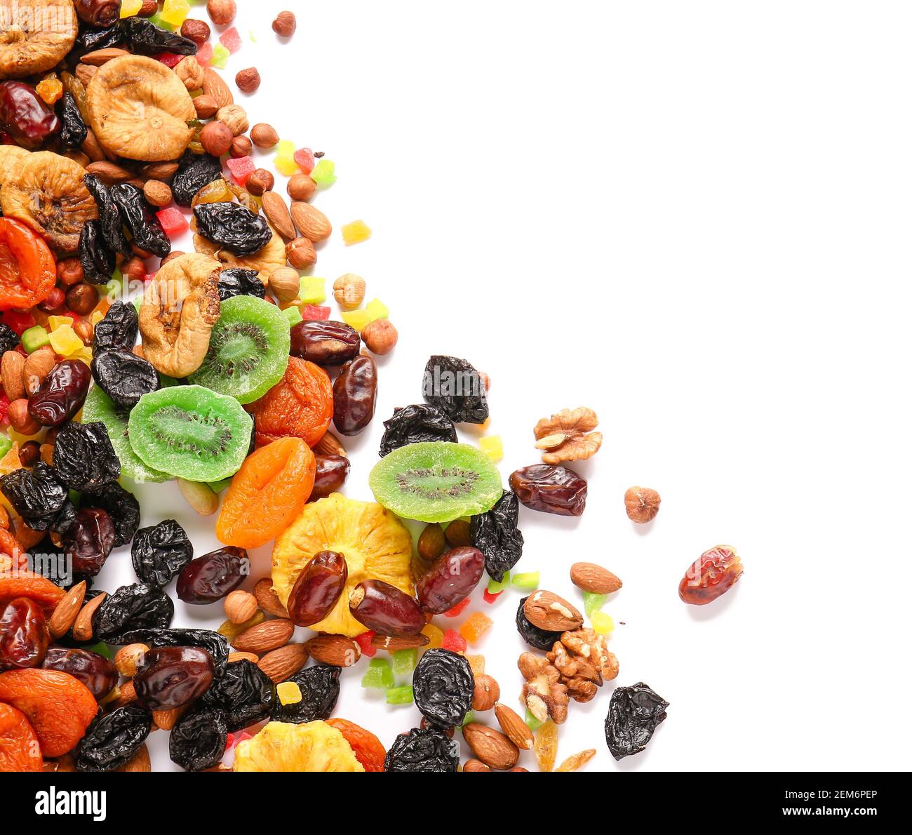 Different dried fruits and nuts on white background Stock Photo Alamy