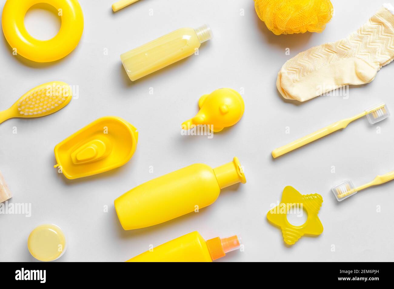 Set of bath accessories for baby on light background Stock Photo Alamy