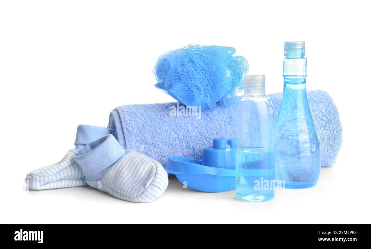 Bath accessories for baby on white background Stock Photo Alamy