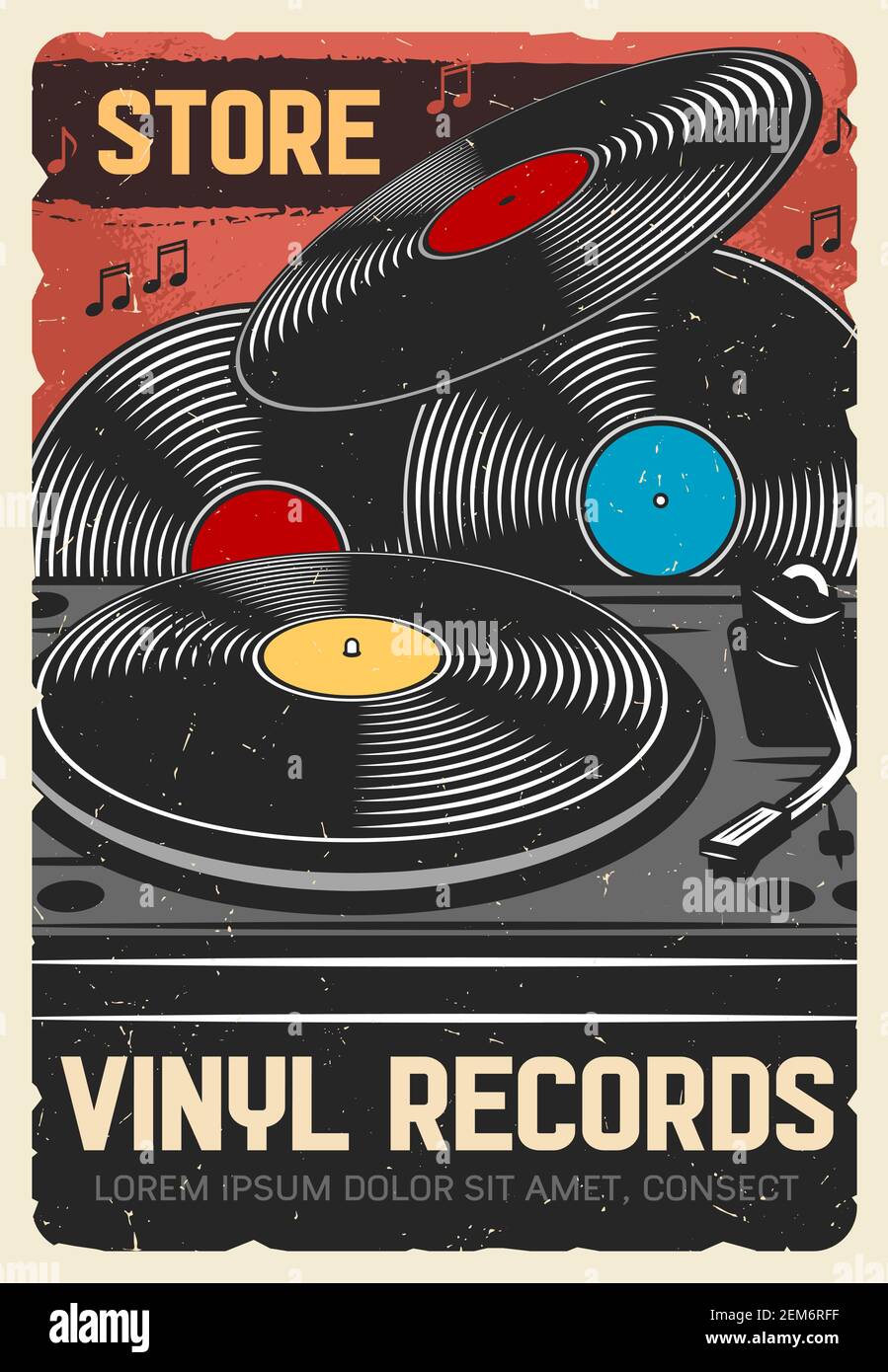 Vinyl records store, vector vintage retro poster, music instruments and DJ musical equipment store. Vinyl record LP disks, modern gramophone phonograp Stock Vector