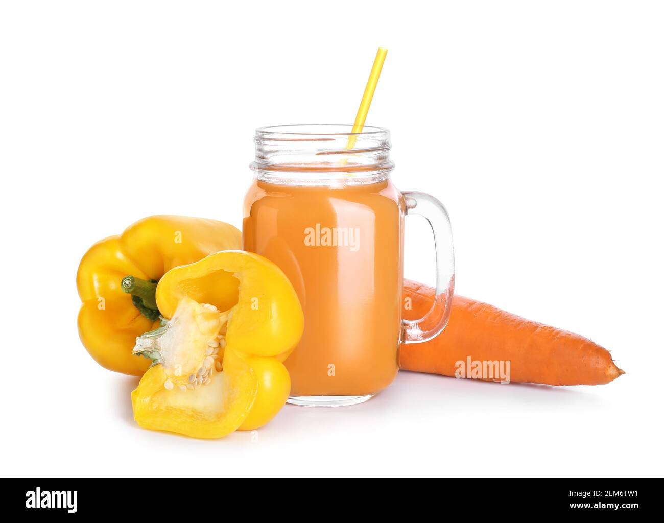 Mason jar of healthy smoothie with carrot and bell pepper on white