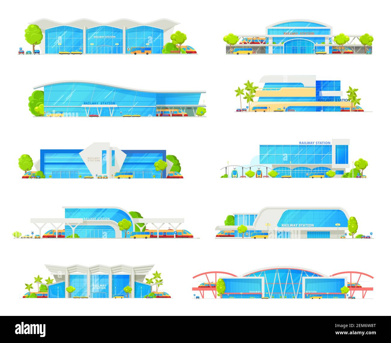 Railway station building vector icons with trains, track platforms and rail bridge. Railroad transport passenger terminals and depot with locomotives, Stock Vector