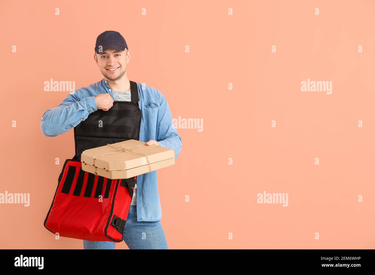Courier of food delivery service on color background Stock Photo Alamy