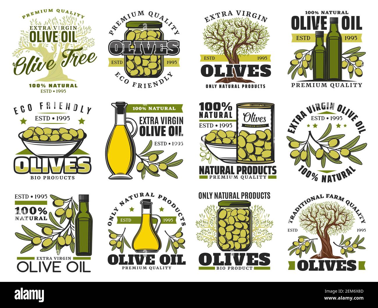 Olive food vector icons with oil bottles, olive trees, branches and