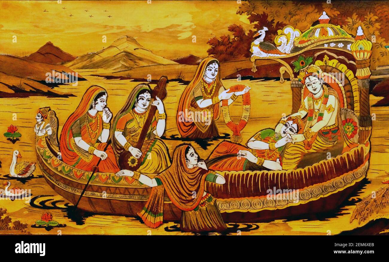 Mysore wood Inlay art of Lord Sri Krishna with Arjuna