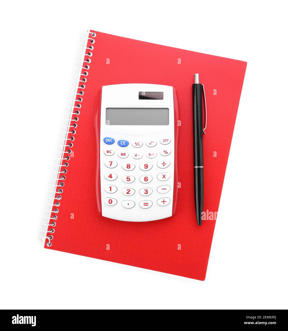 Modern calculator, pen and notebook on white background Stock Photo - Alamy