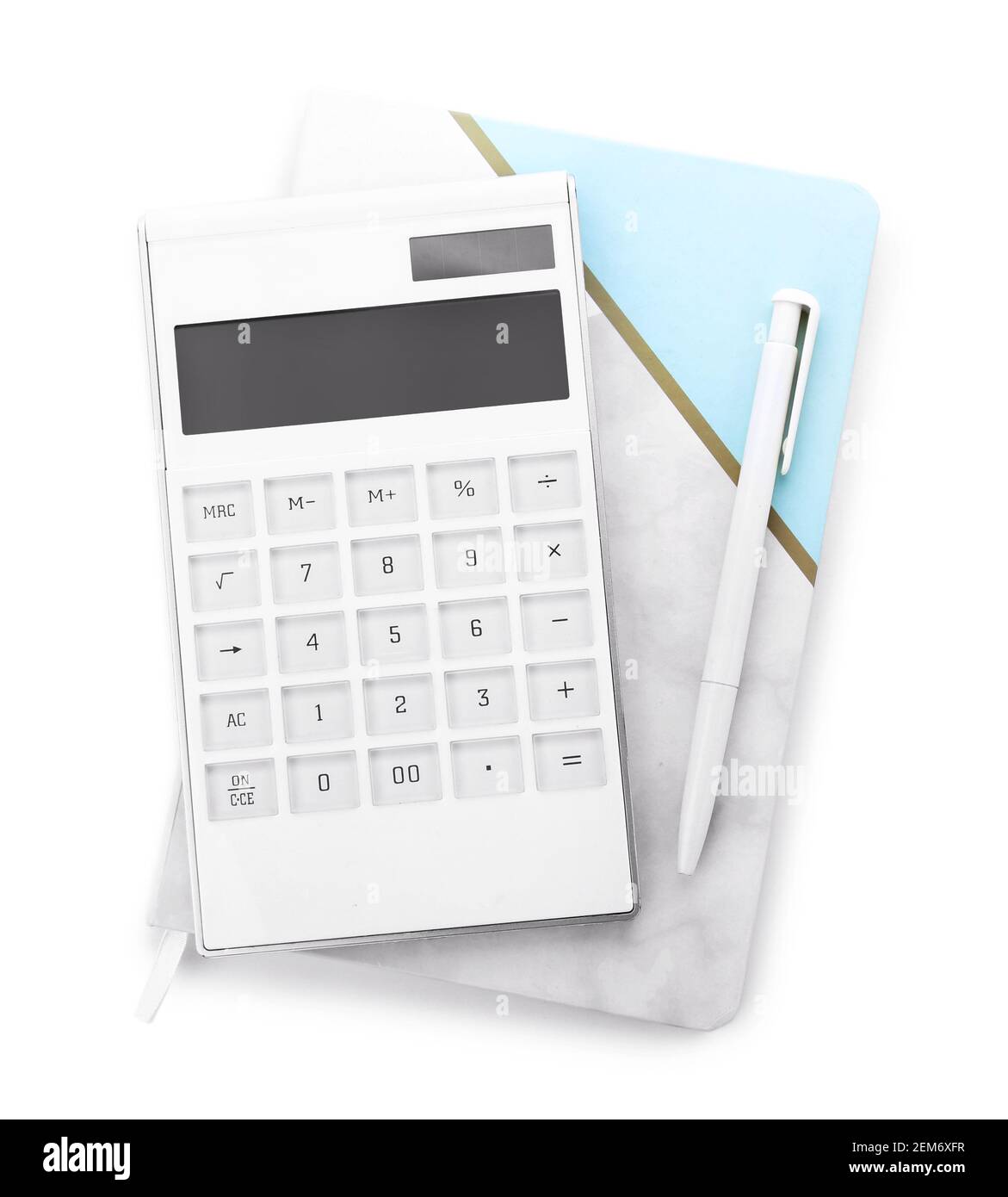 Modern calculator, pen and notebook on white background Stock Photo - Alamy